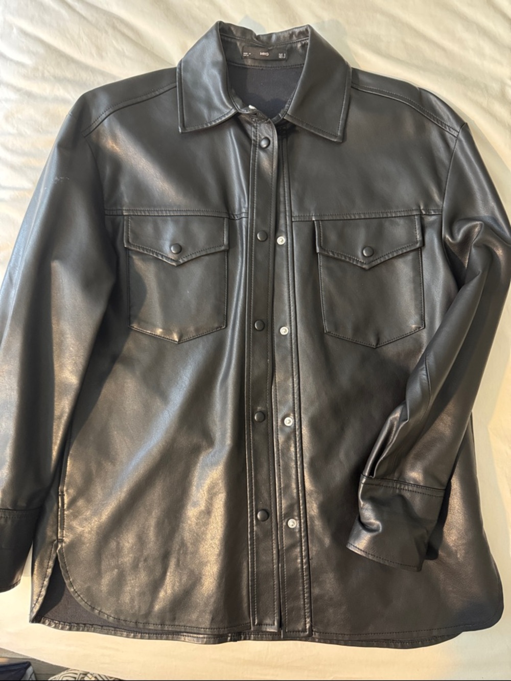 Mango Black Faux Leather Snap-Front Shirt Jacket